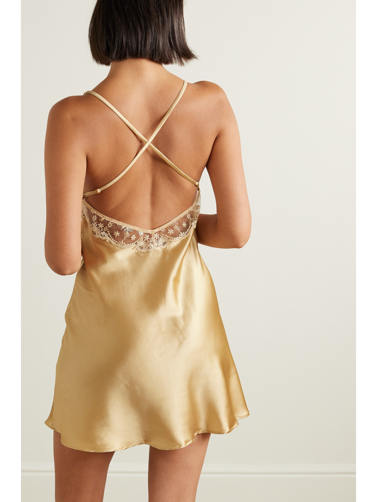 Shop Id Sarrieri + Net Sustain Plein Solei Embroidered Tulle-trimmed Silk-blend Satin Chemise In Gold