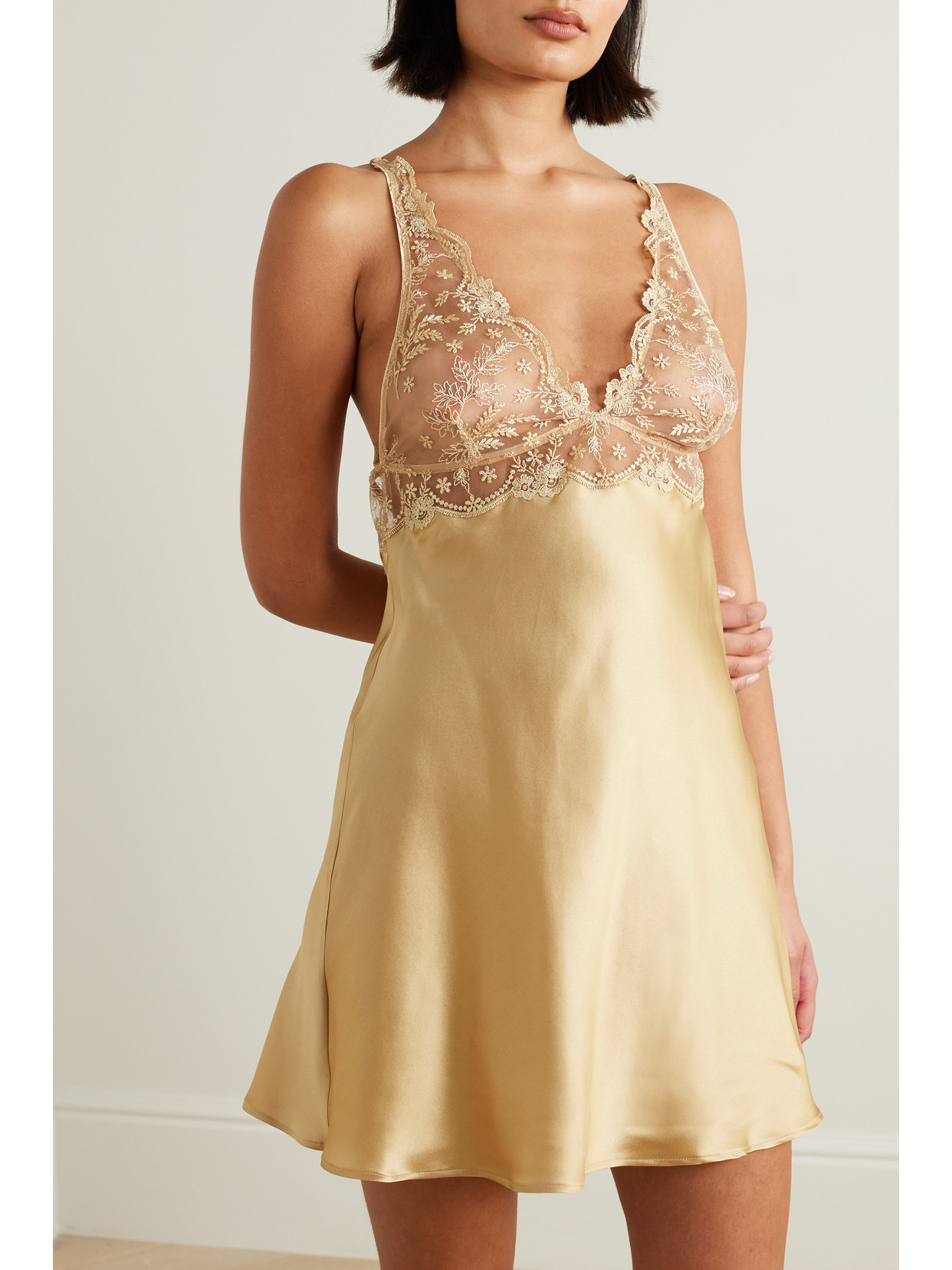 Shop Id Sarrieri + Net Sustain Plein Solei Embroidered Tulle-trimmed Silk-blend Satin Chemise In Gold