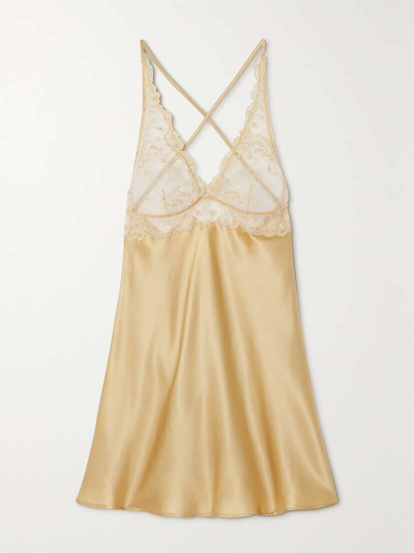 I.D. Sarrieri + Net Sustain Plein Solei Embroidered Tulle-trimmed Silk-blend Satin Chemise