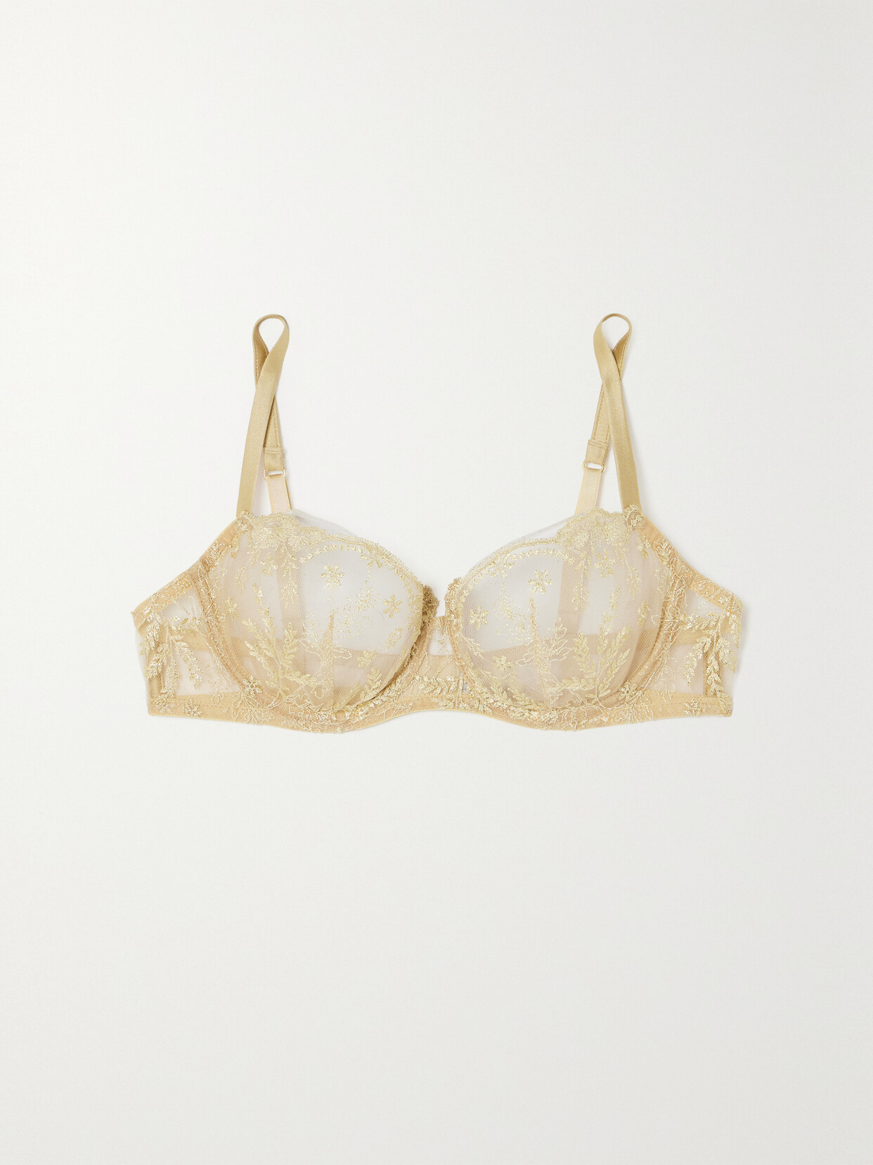 Id Sarrieri Plein Solei Satin-trimmed Embroidered Silk-blend Tulle Underwired Soft-cup Bra In Gold