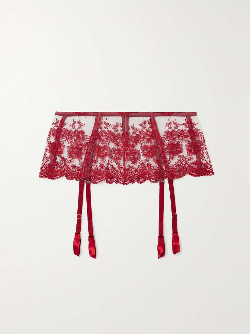 I.D. Sarrieri + Net Sustain Tuscan Holiday Satin-trimmed Embroidered Tulle Suspender Belt