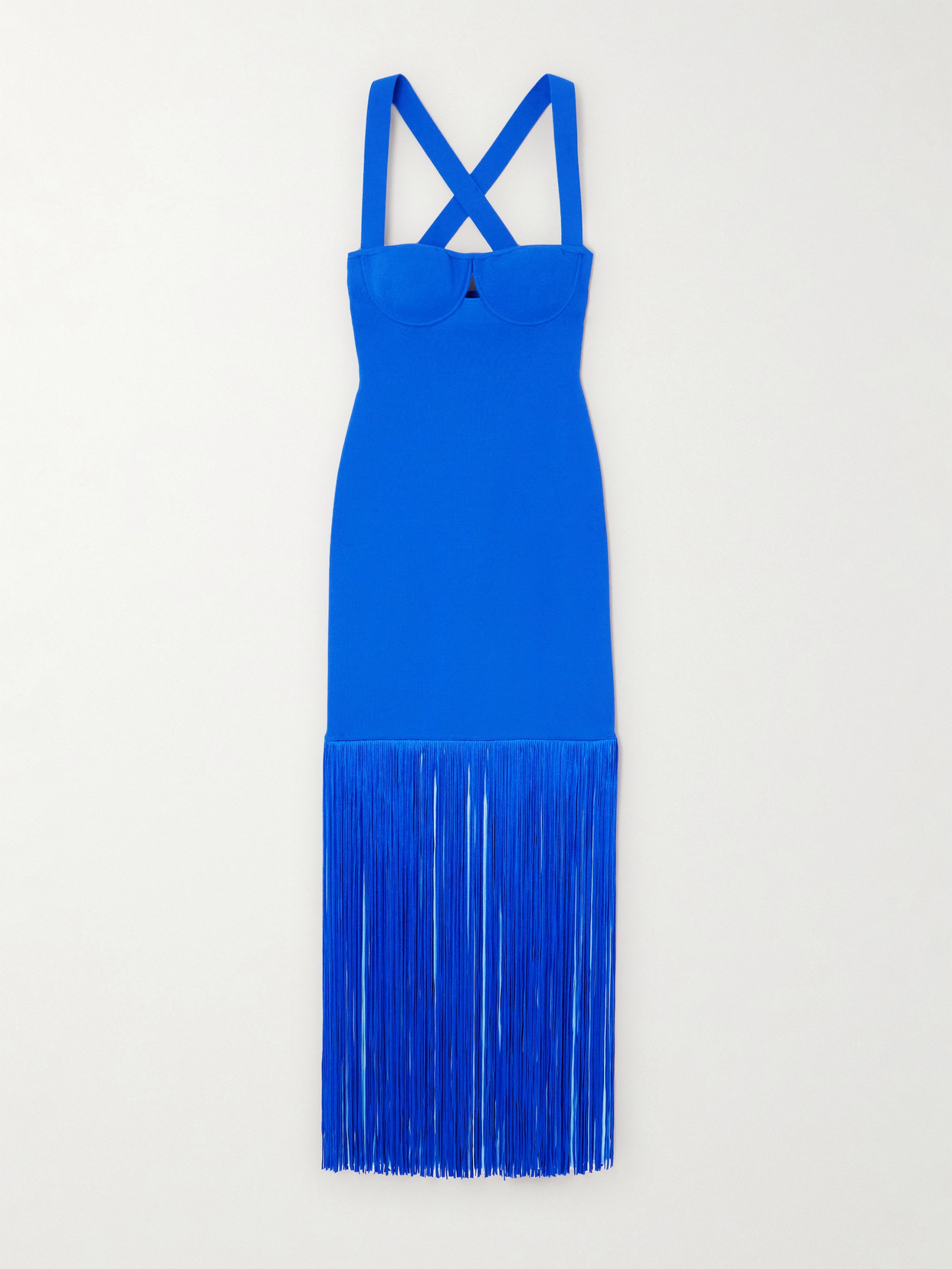 Galvan Mia Fringed Ribbed-knit Gown In Blue