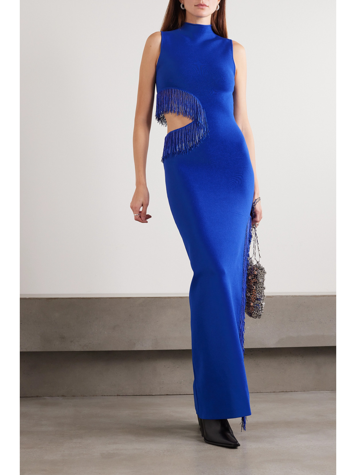 Galvan Nova Beaded Cutout Knit Maxi Dress In Blue