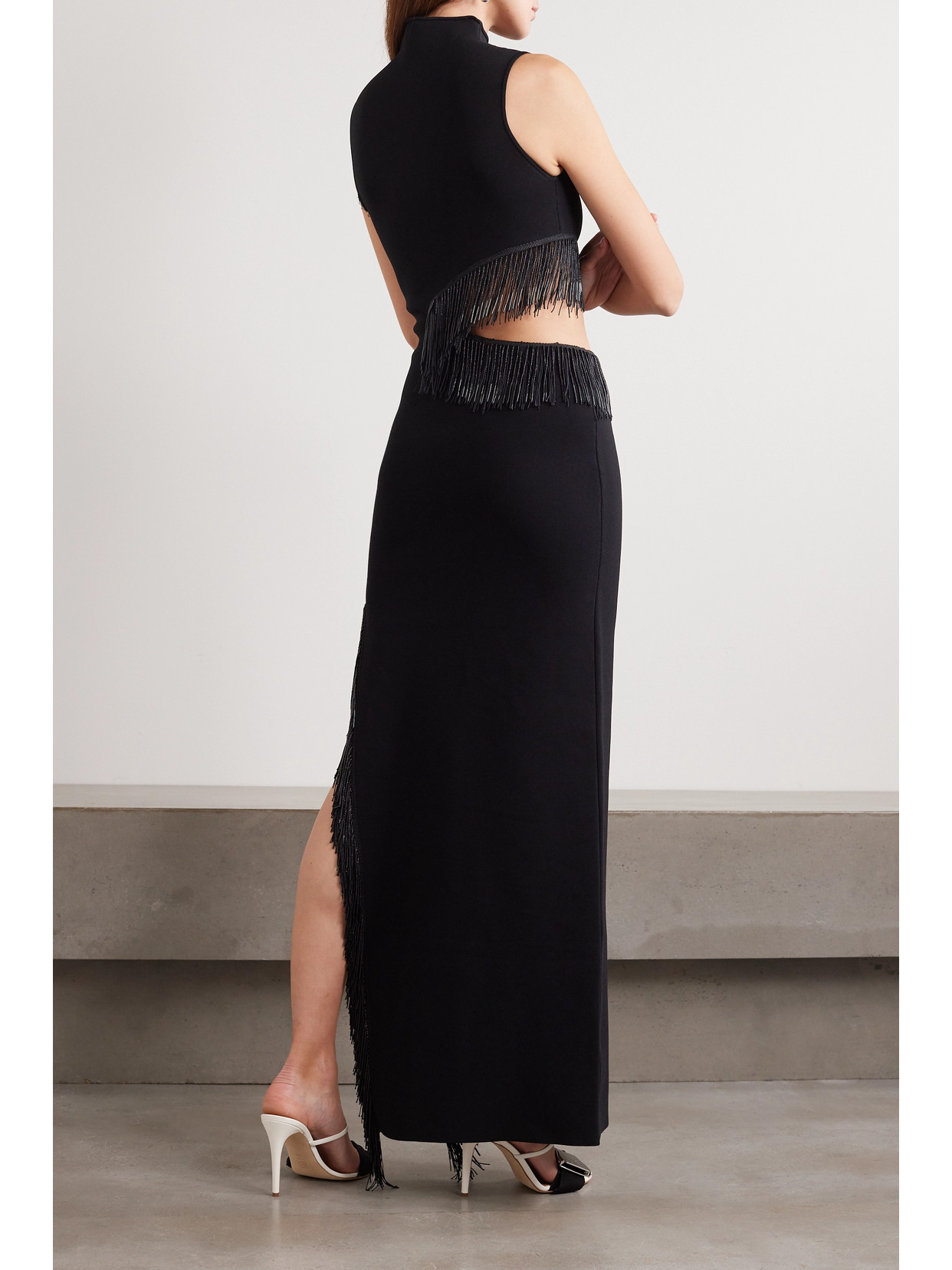 Shop Galvan Nova Beaded Fringed Cutout Jersey Gown In Black