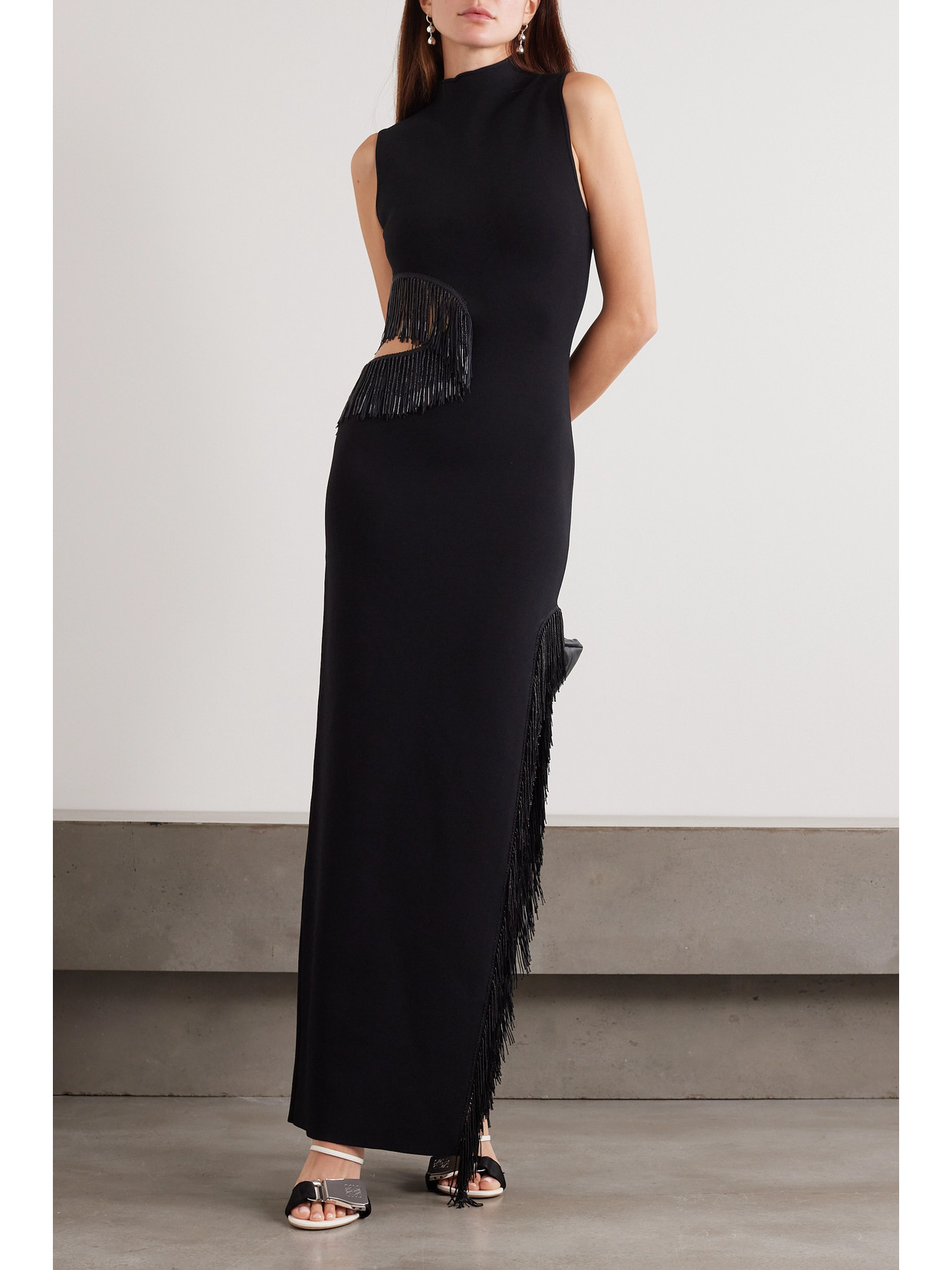 Shop Galvan Nova Beaded Fringed Cutout Jersey Gown In Black