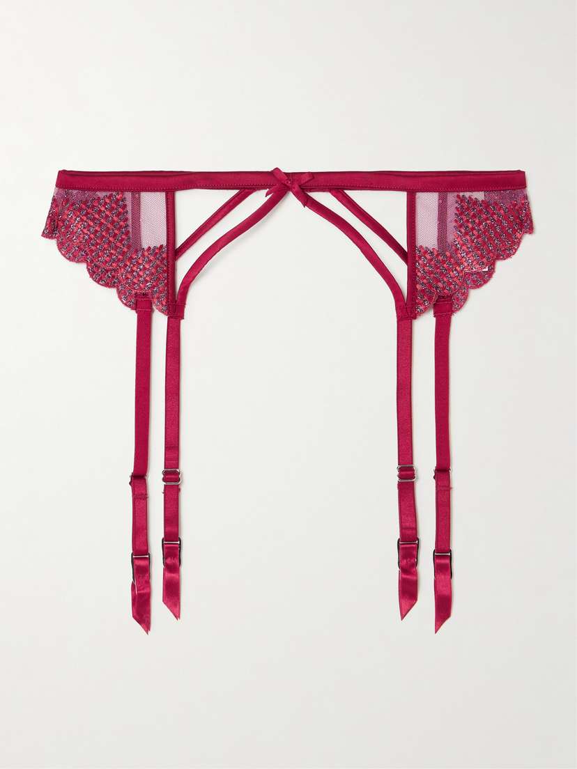 Fleur du Mal Silk Blend Satin-trimmed Metallic Embroidered Tulle Suspender Belt