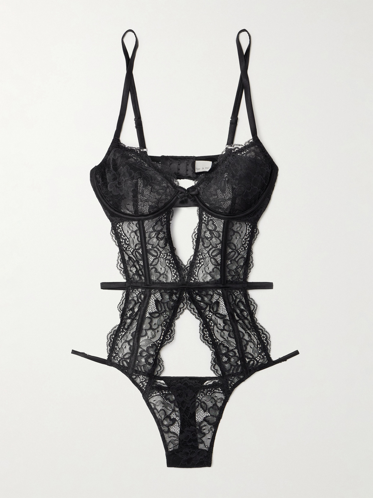 Shop Fleur Du Mal Naomi Silk-blend Satin-trimmed Cutout Stretch-lace Thong Bodysuit In Black