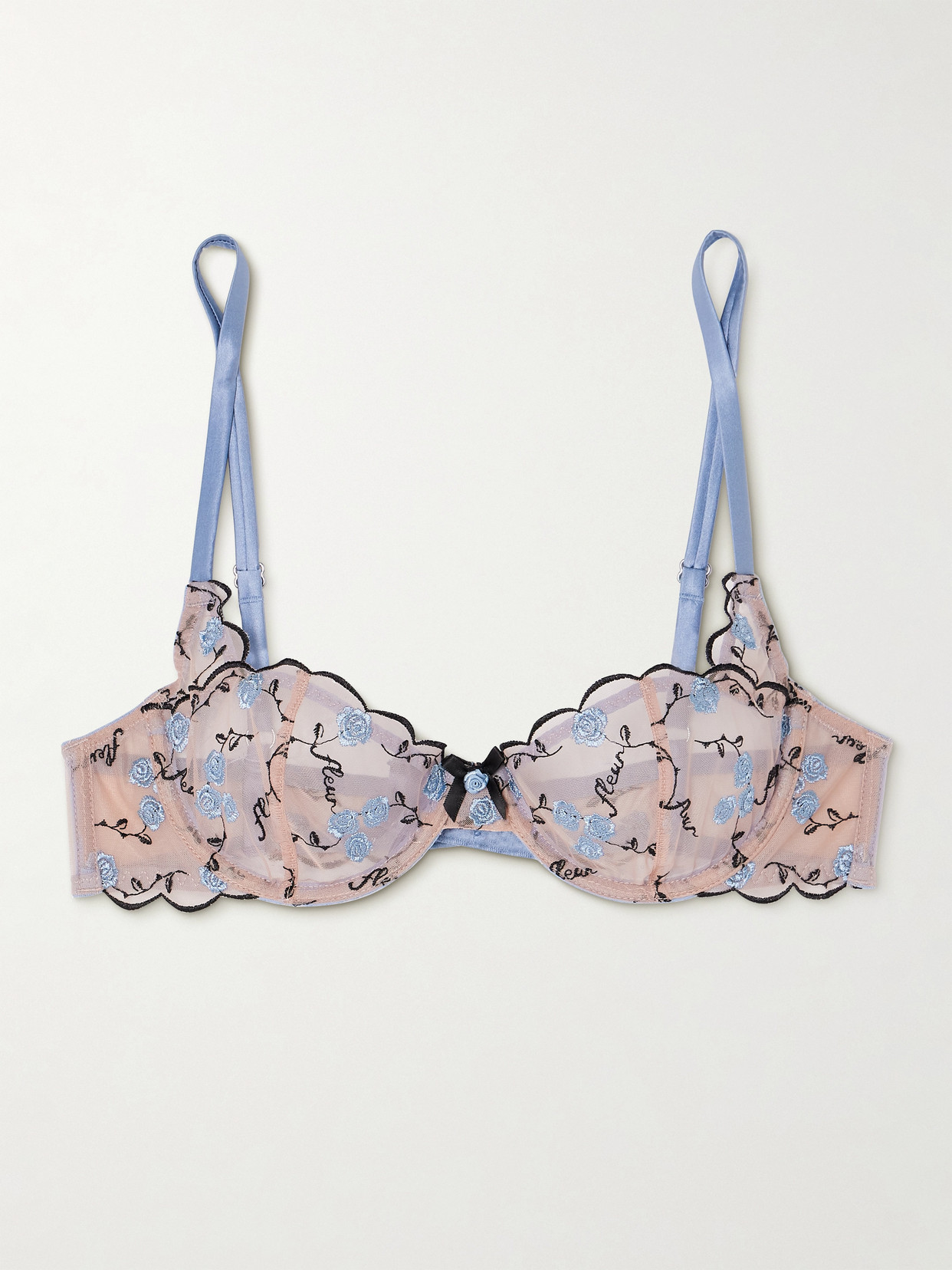 Shop Fleur Du Mal Rose And Vine Embroidered Tulle Underwired Balconette Bra In Blue