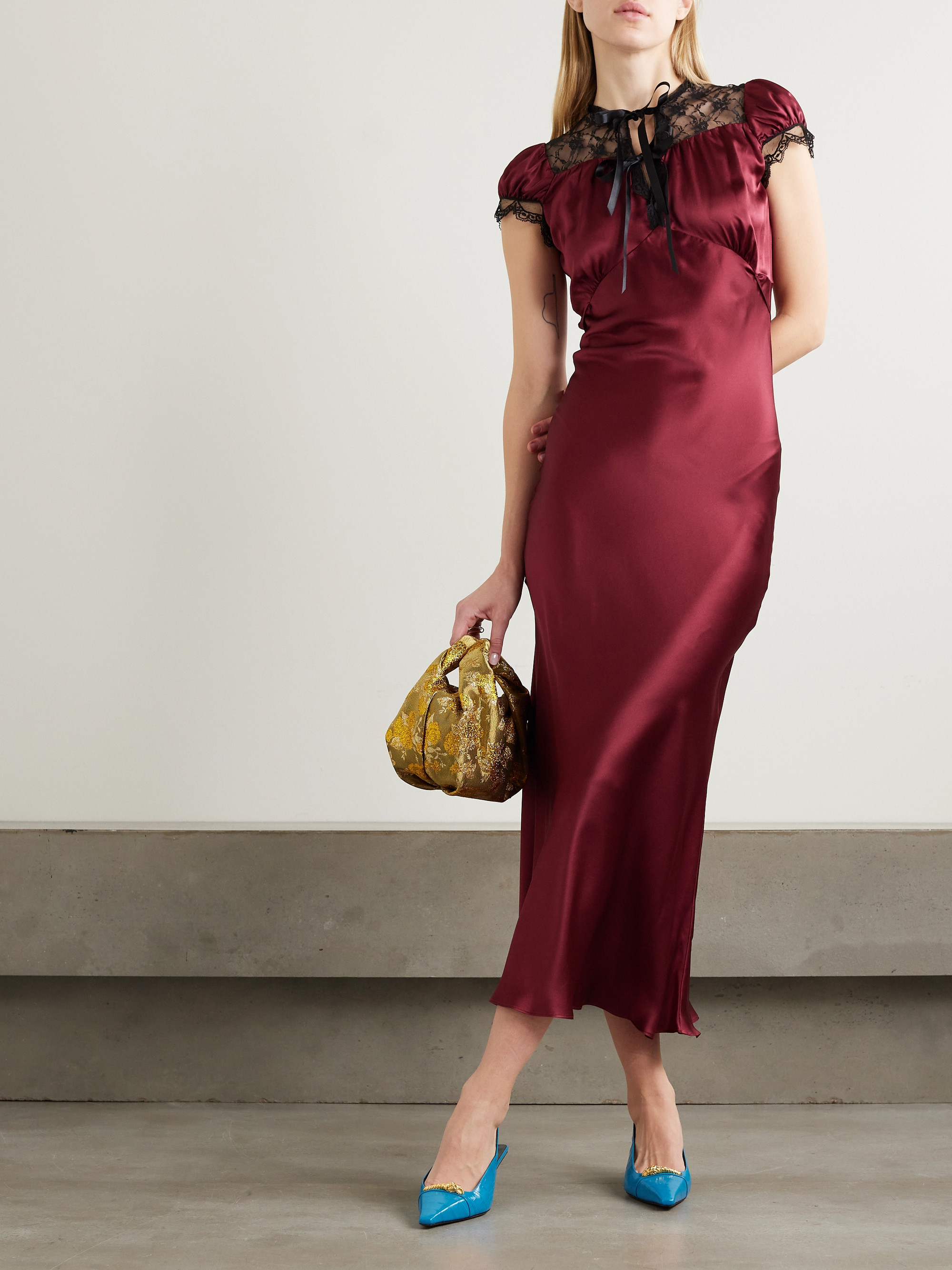Rodarte Lace-trimmed silk-satin midi dress