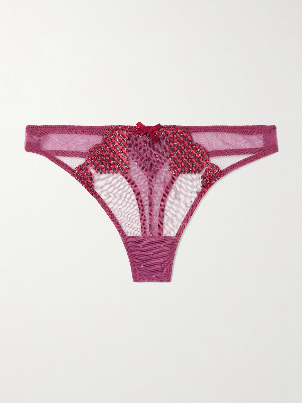 Fleur Du Mal Silk-blend Satin-trimmed Metallic Embroidered Tulle Thong In Red