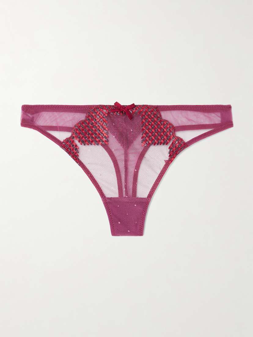 Fleur du Mal Silk-blend Satin-trimmed Metallic Embroidered Tulle Thong