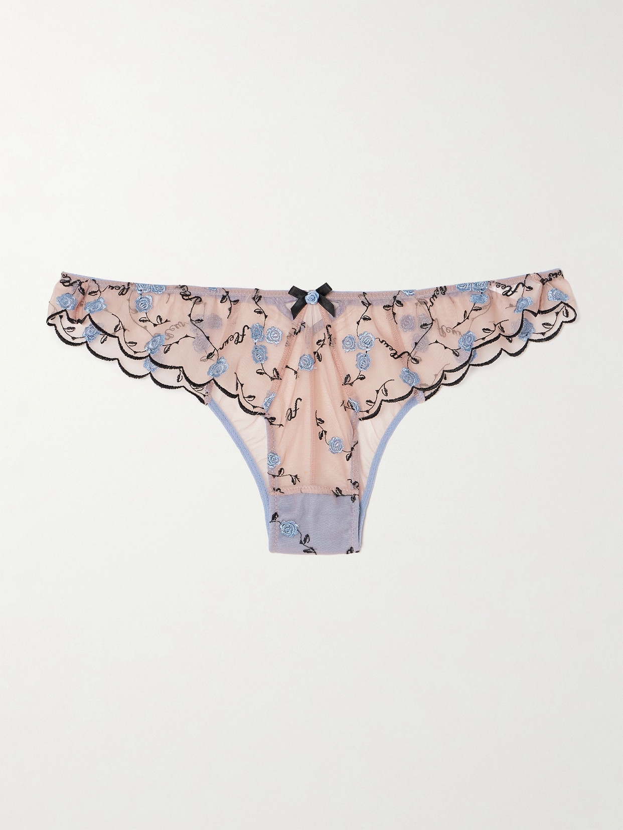 Fleur du Mal Rose And Vine Stretch-silk Satin-trimmed Embroidered Tulle Briefs - Blue
