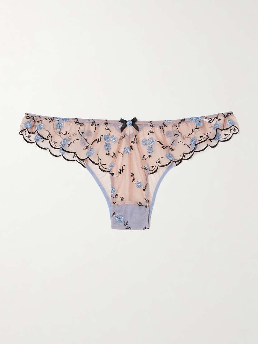 Fleur du Mal Rose And Vine Stretch-silk Satin-trimmed Embroidered Tulle Briefs