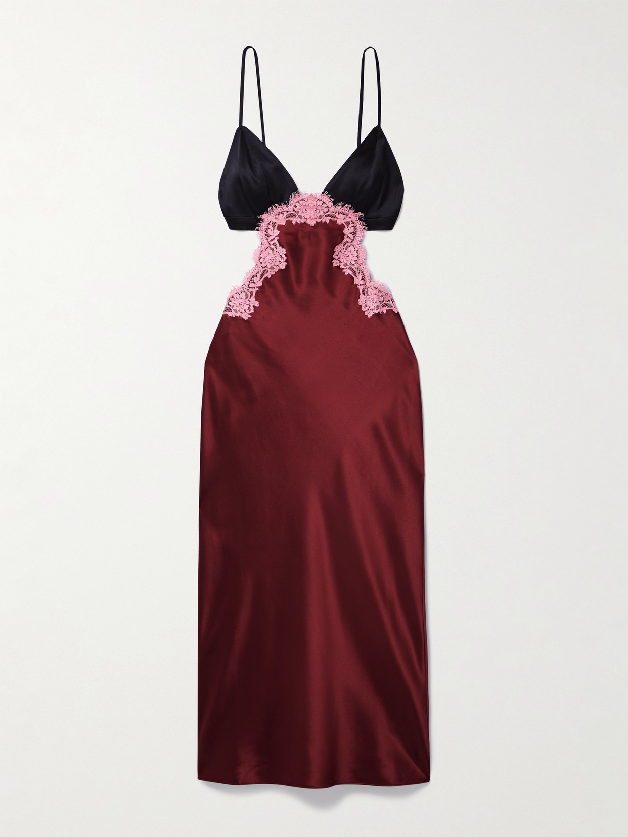 Fleur Du Mal Cutout Lace-trimmed Satin Midi Dress In Burgundy