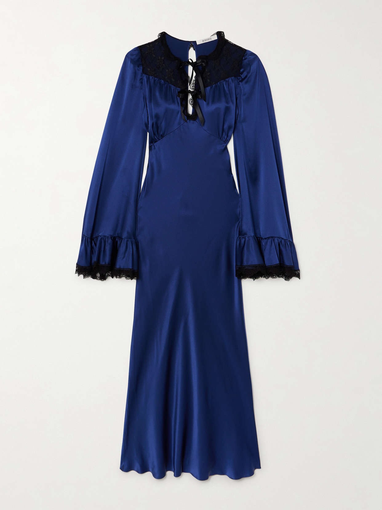 Rodarte Bow-detailed Ruffled Lace-trimmed Silk-charmeuse Midi Dress In Navy