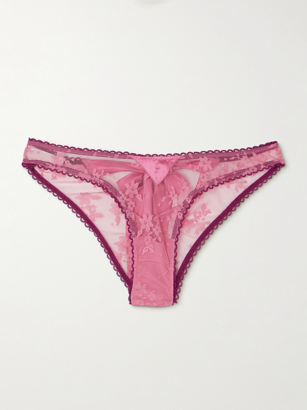 Fleur Du Mal Untie Me Cutout Tie-detailed Stretch-silk Satin-trimmed Lace Briefs In Pink