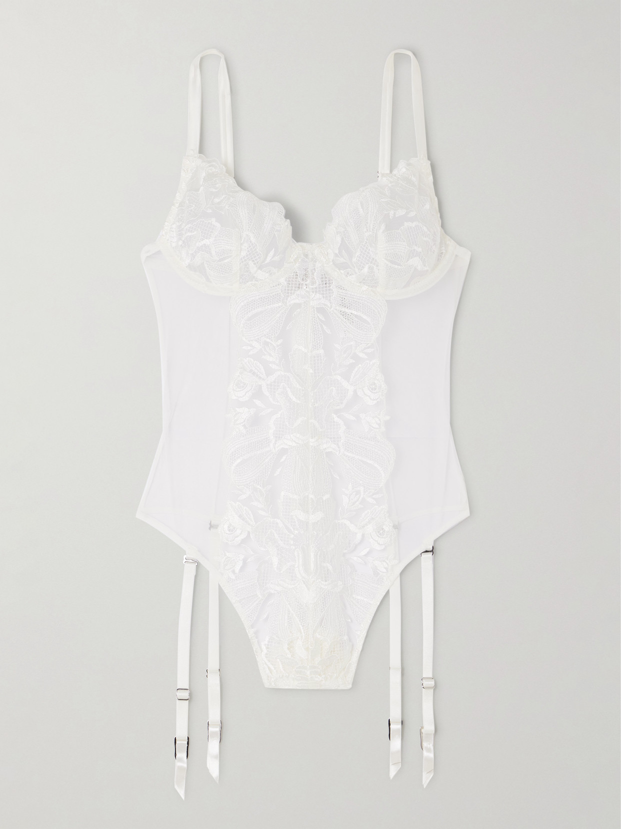 Fleur du Mal - Silk-blend Satin-trimmed Guipure Lace And Tulle Underwired Bodysuit - Ivory