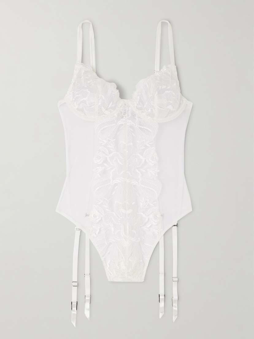 Fleur du Mal Silk-blend Satin-trimmed Guipure Lace And Tulle Underwired Bodysuit