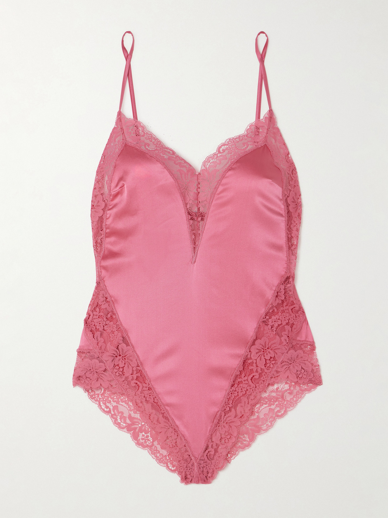 Shop Fleur Du Mal Venus Lace-trimmed Silk-blend Satin Bodysuit In Pink