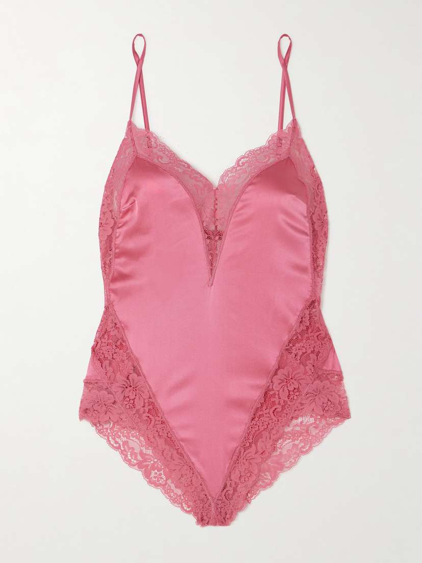 Fleur du Mal Venus Lace-trimmed Silk-blend Satin Bodysuit