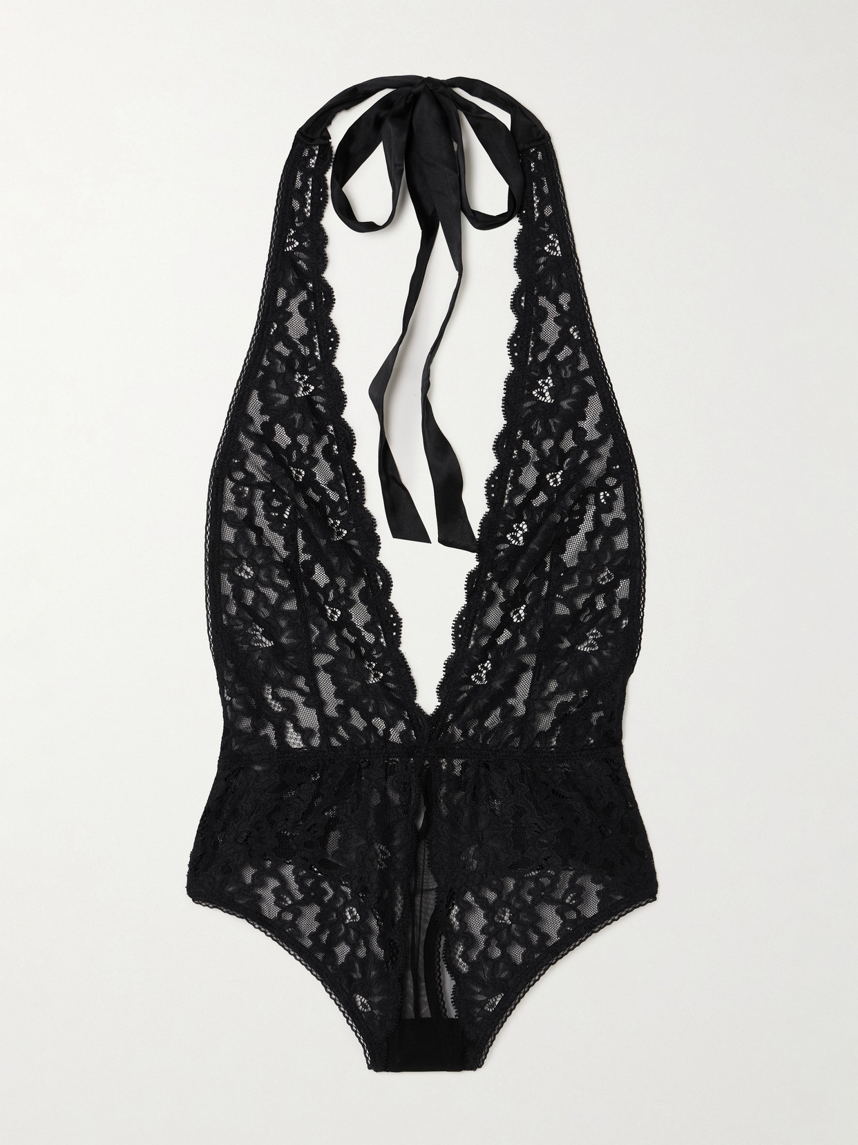 Fleur du Mal - Charlotte Silk-blend Satin-trimmed Lace And Tulle Thong Bodysuit - Black