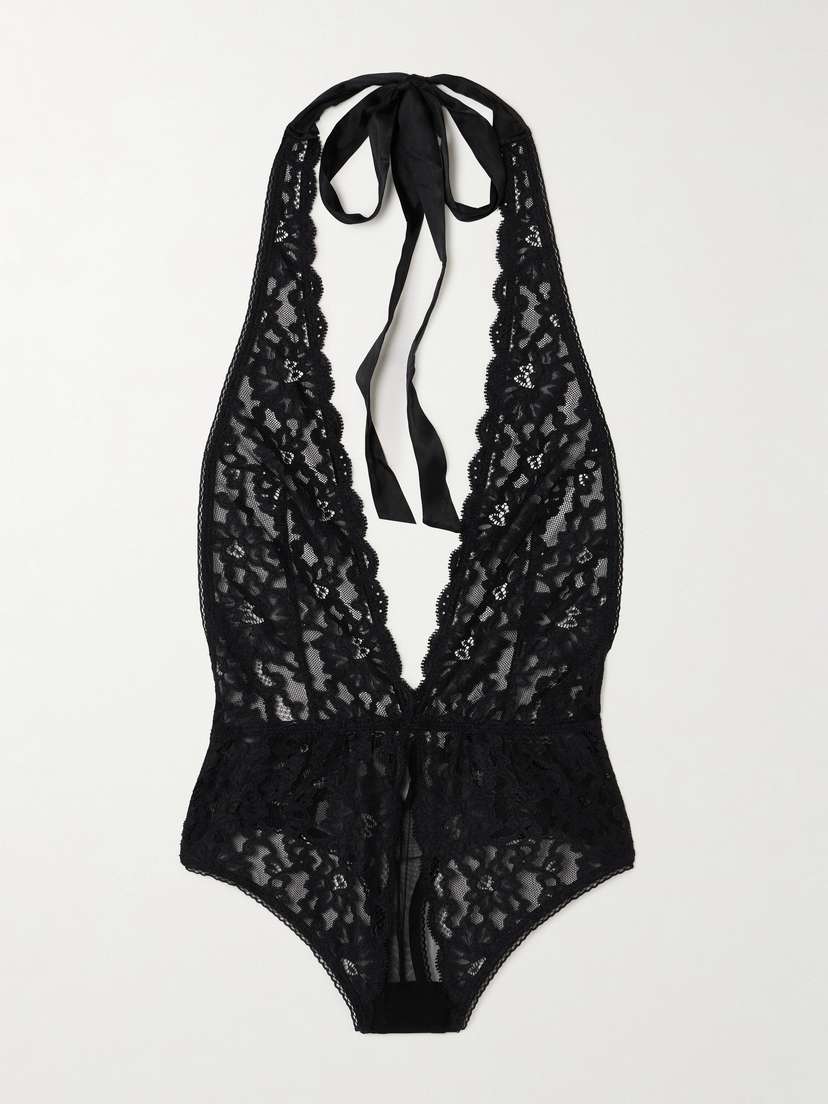 Fleur du Mal Charlotte Silk-blend Satin-trimmed Lace And Tulle Thong Bodysuit