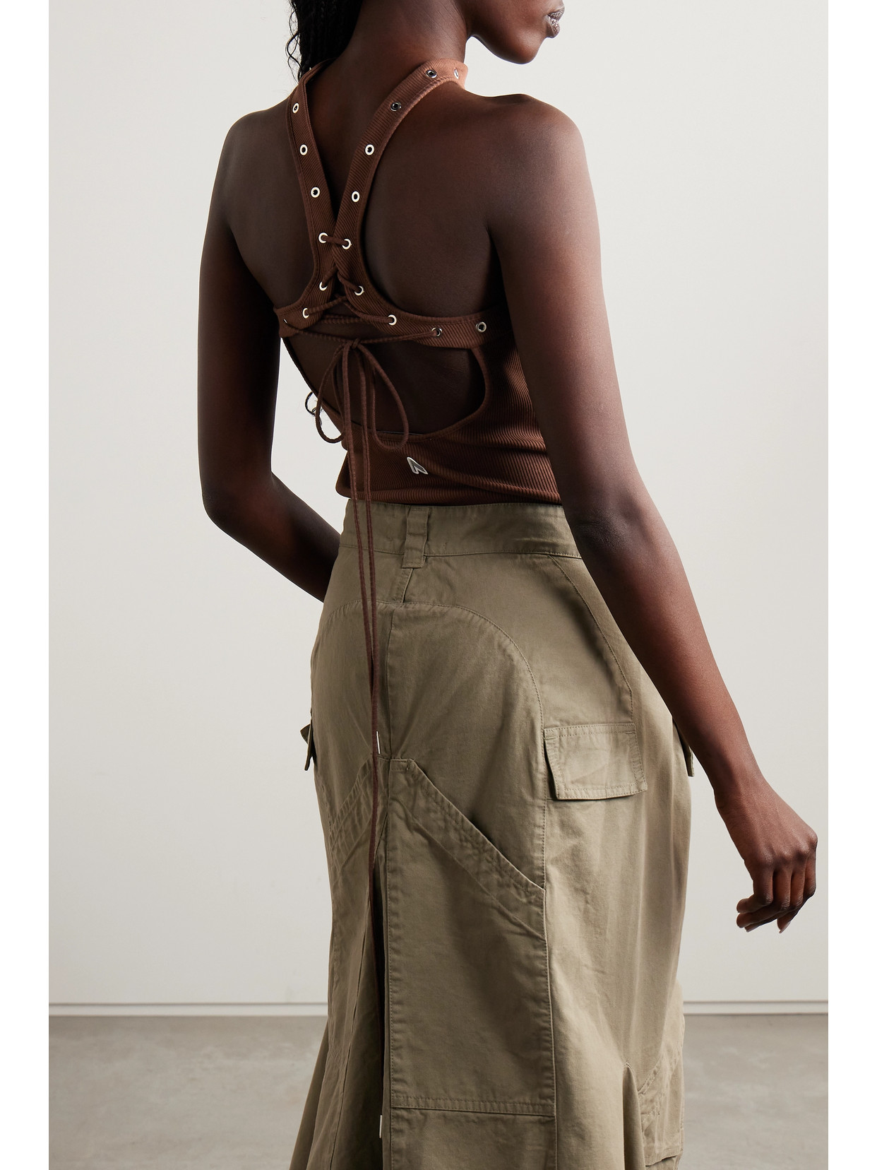 Lace-Up Ribbed Cotton-Jersey Halterneck Tank