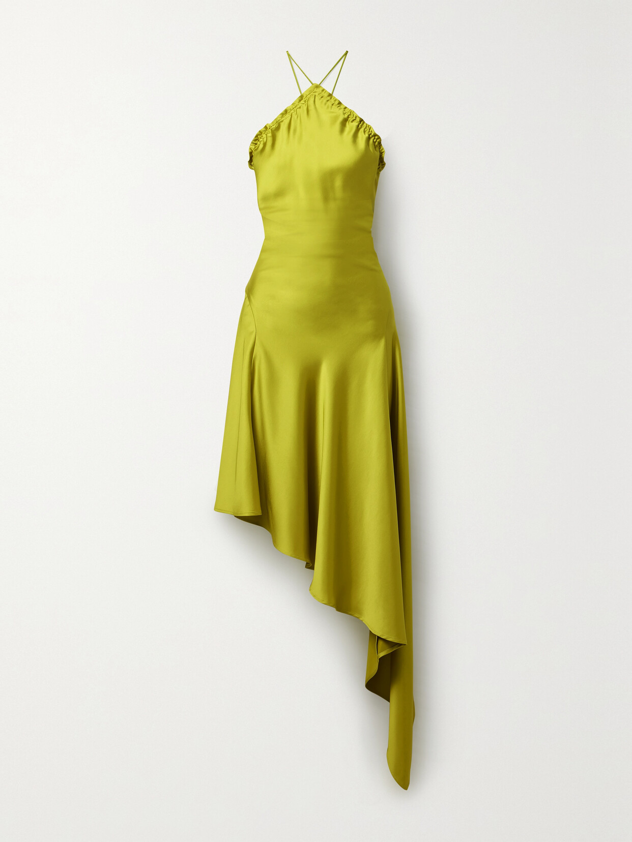 Attico Asymmetric Feather-trimmed Satin Halterneck Midi Dress In Lime Green