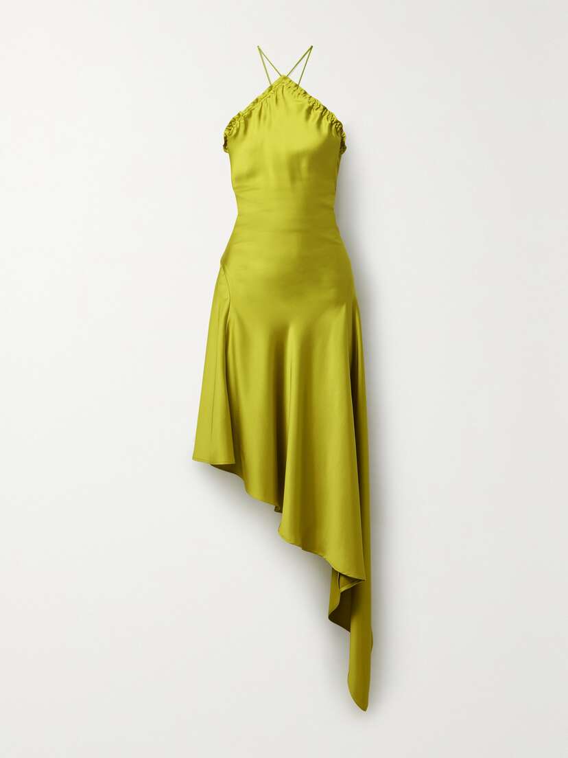 The Attico Asymmetric Feather-trimmed Satin Halterneck Midi Dress