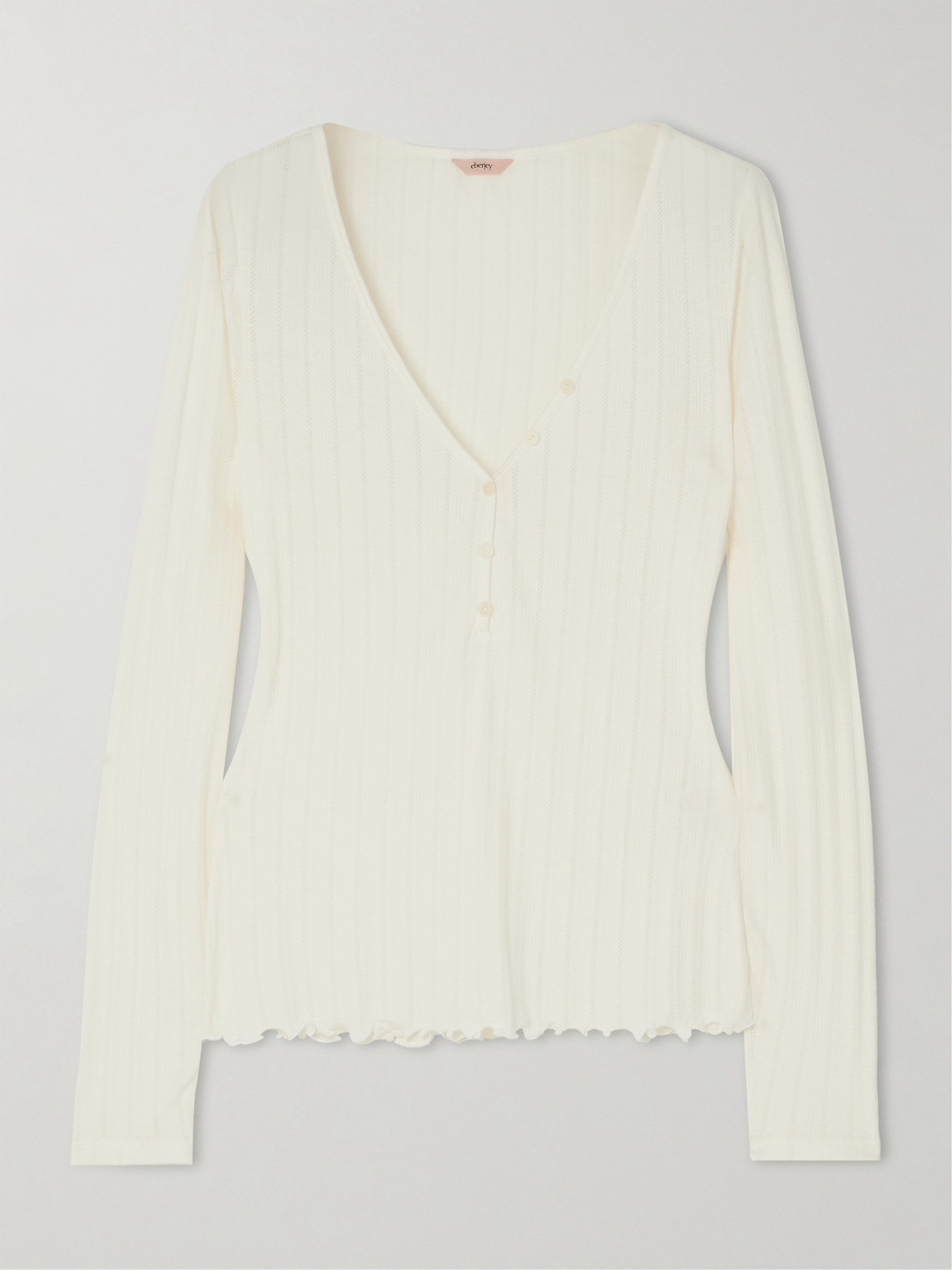 Eberjey Ribbed Pointelle-knit Pima Cotton And Tencel™ Modal-blend Henley Pajama Shirt In White