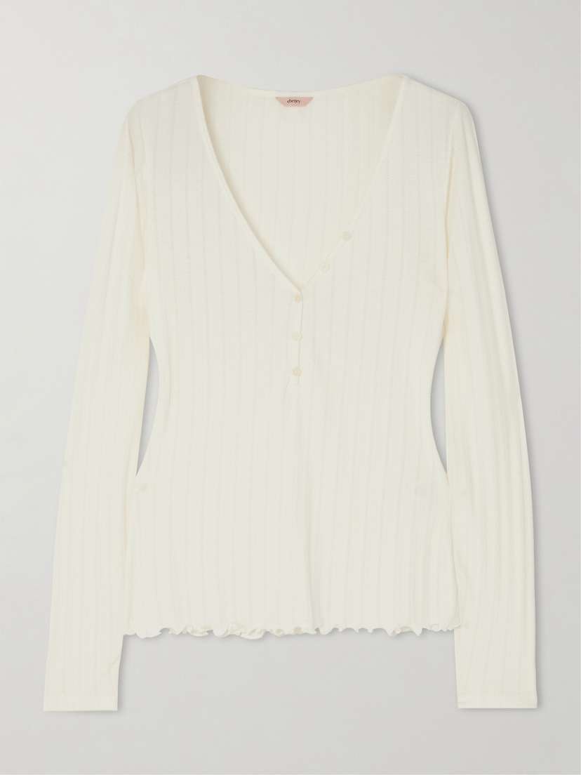Eberjey Ribbed Pointelle-knit Pima Cotton And Tencel™ Modal-blend Henley Pajama Shirt