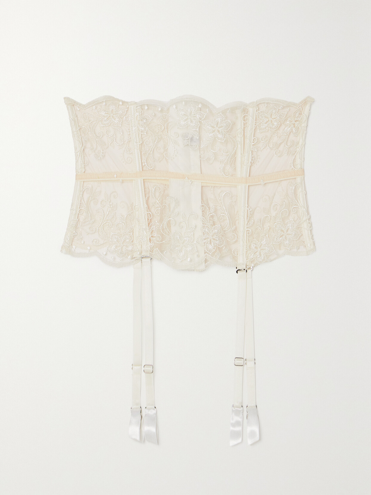 I.D. Sarrieri + Net Sustain Tubereuse Blanche Satin-trimmed Embroidered Tulle Suspender Belt - Cream
