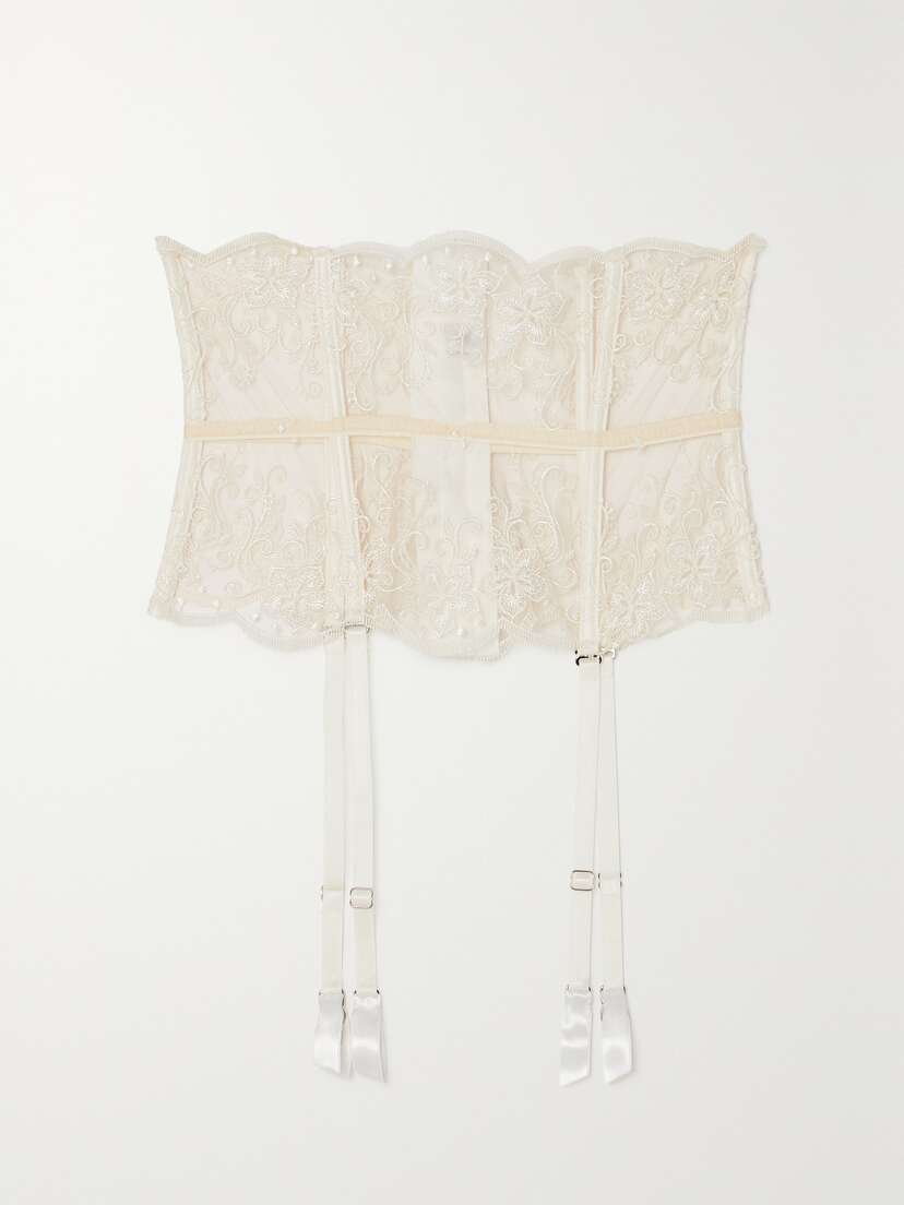 I.D. Sarrieri + Net Sustain Tubereuse Blanche Satin-trimmed Embroidered Tulle Suspender Belt
