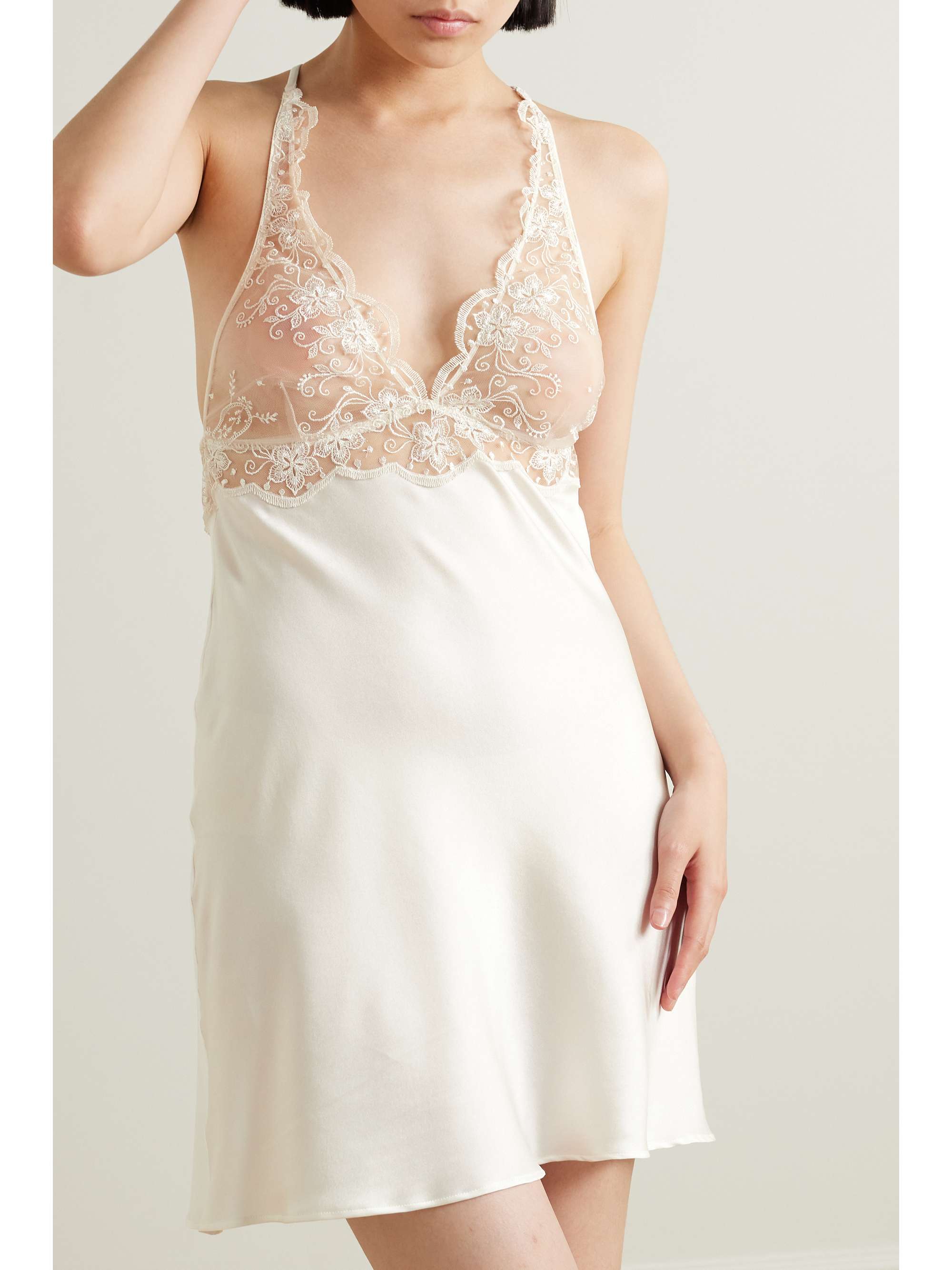 + NET SUSTAIN Tubereuse Blanche embroidered tulle-trimmed silk-satin chemise