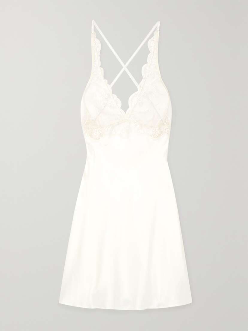 I.D. Sarrieri + Net Sustain Tubereuse Blanche Embroidered Tulle-trimmed Silk-satin Chemise