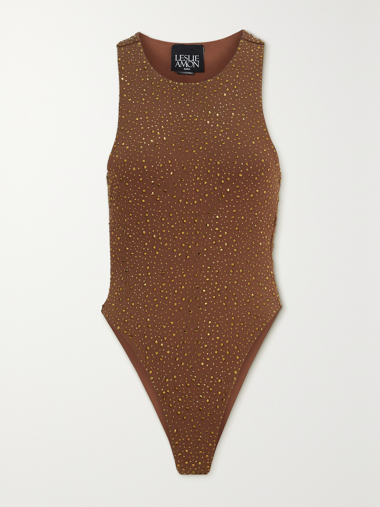 Shop Leslie Amon Dua Open-back Crystal-embellished Stretch-jersey Bodysuit In Brown