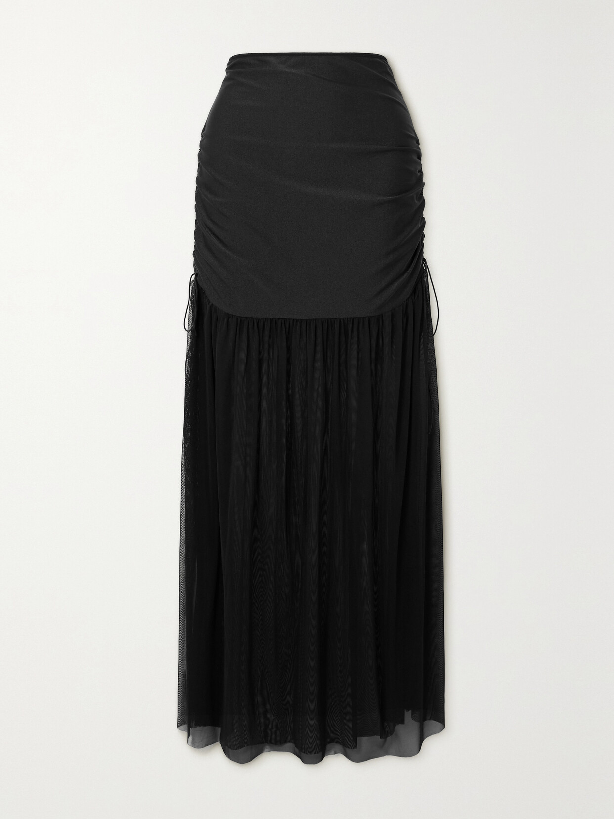 Leslie Amon Ruched Stretch-jersey And Mesh Maxi Skirt - Black