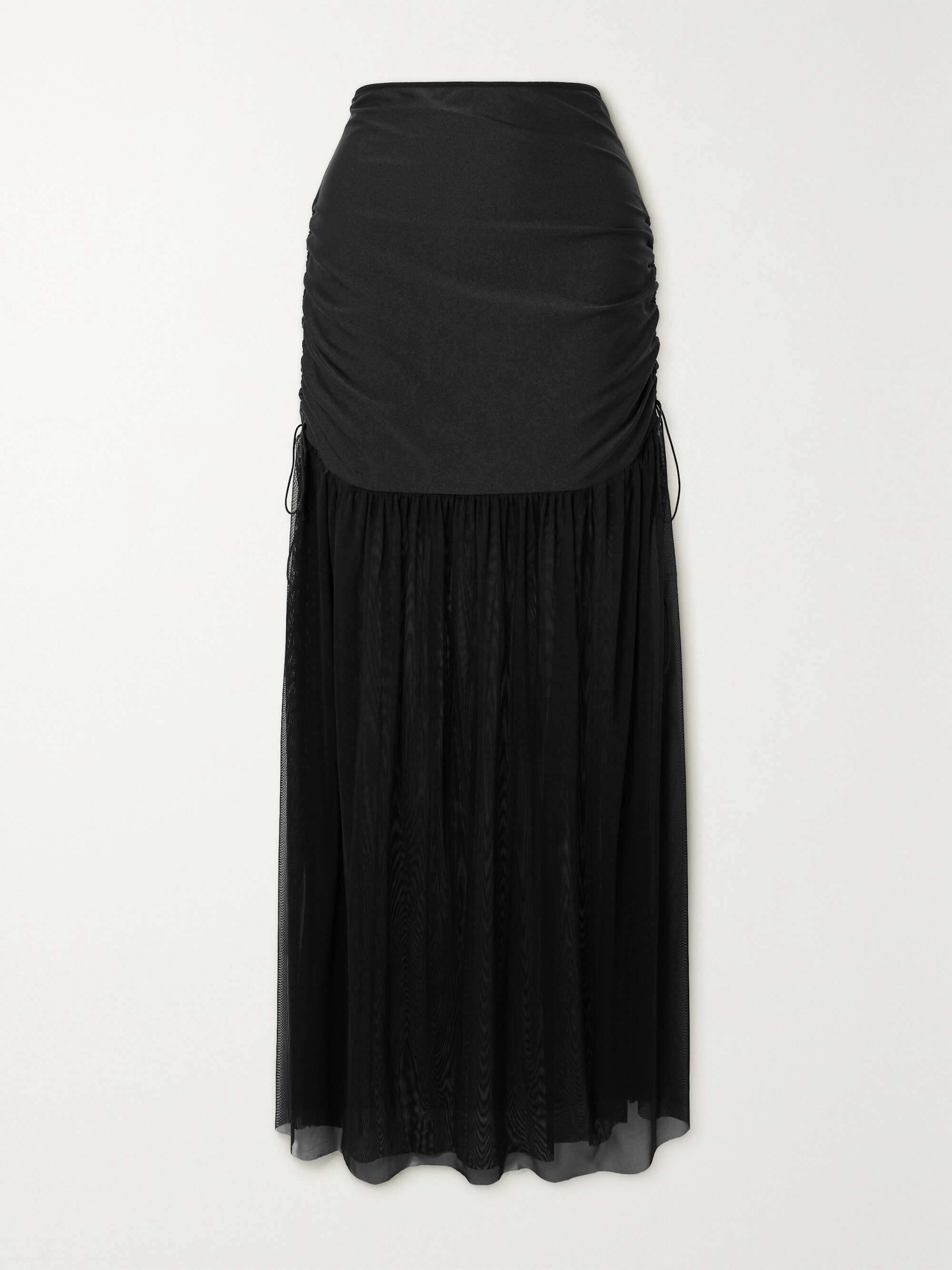 Ruched stretch jersey and mesh maxi skirt