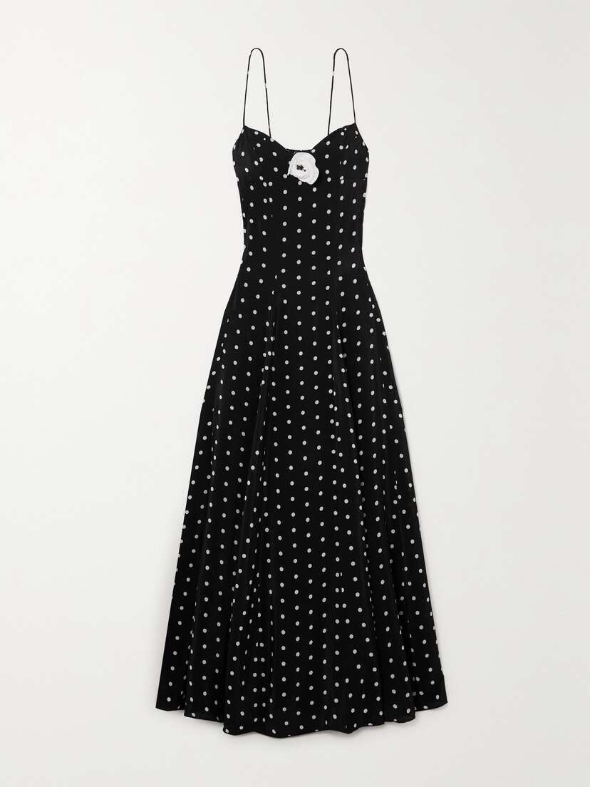 Leslie Amon Timeless Appliquéd Polka-dot Satin Maxi Dress