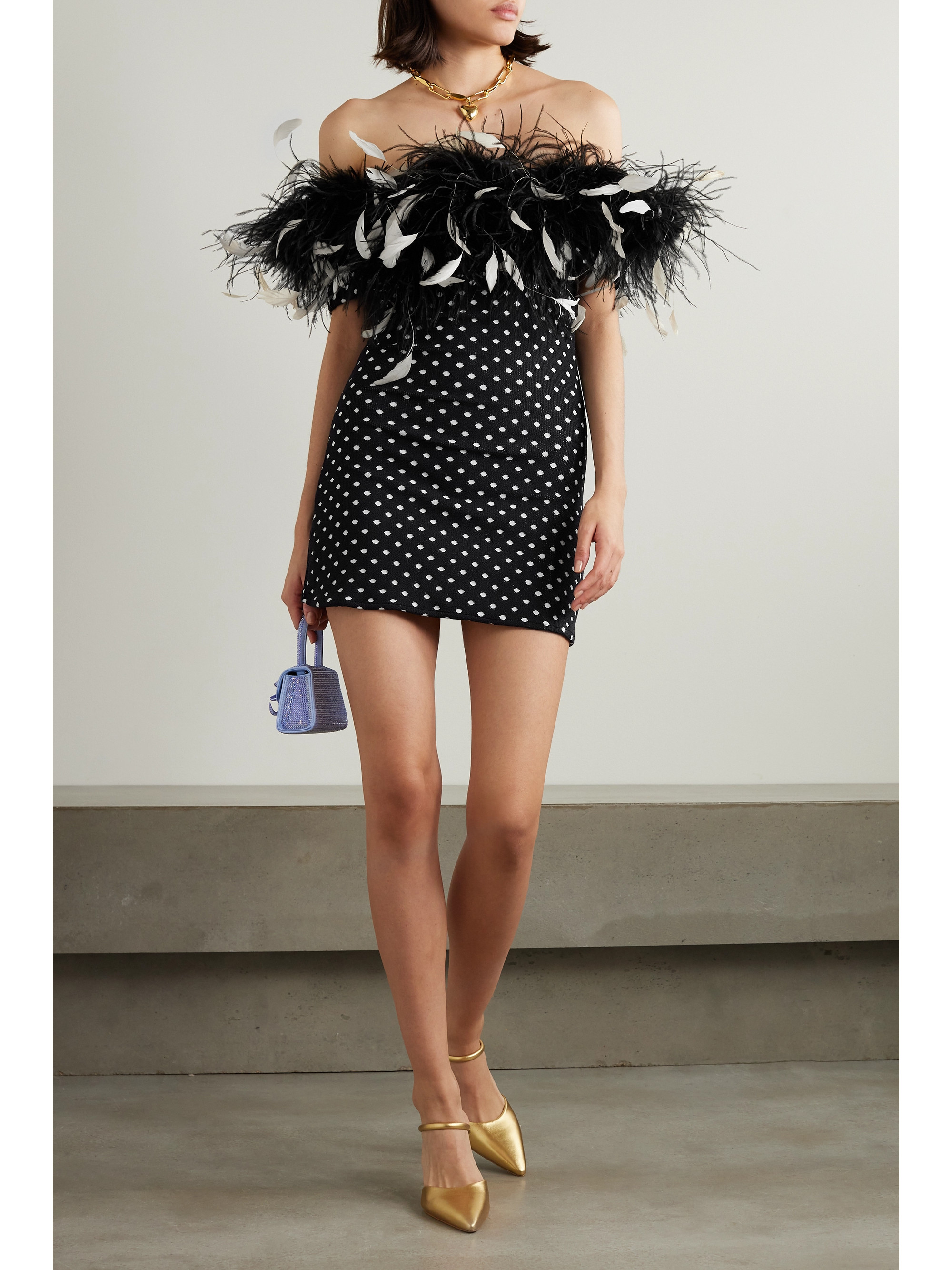 Leslie Amon Carioca strapless feather-trimmed stretch-jacquard mini dress