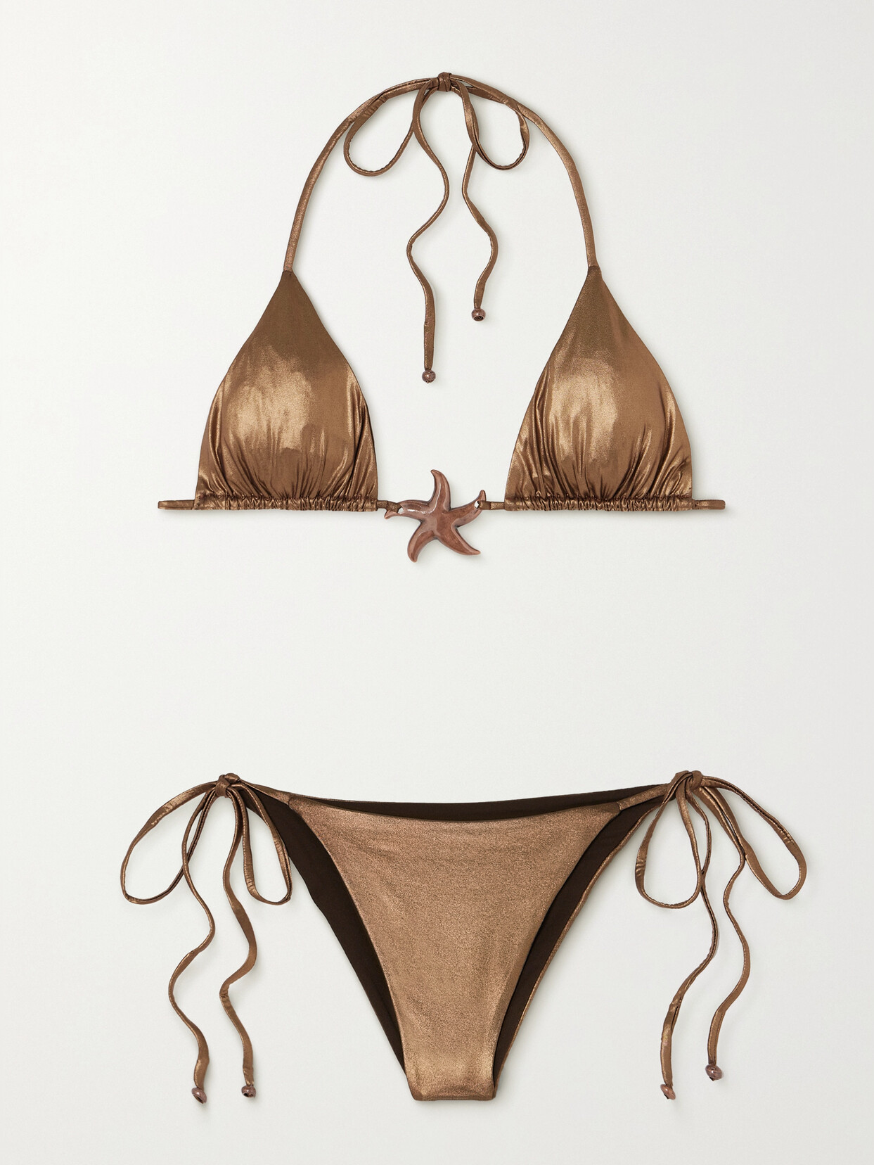 Leslie Amon Star Embellished Metallic Triangle Bikini In Brown