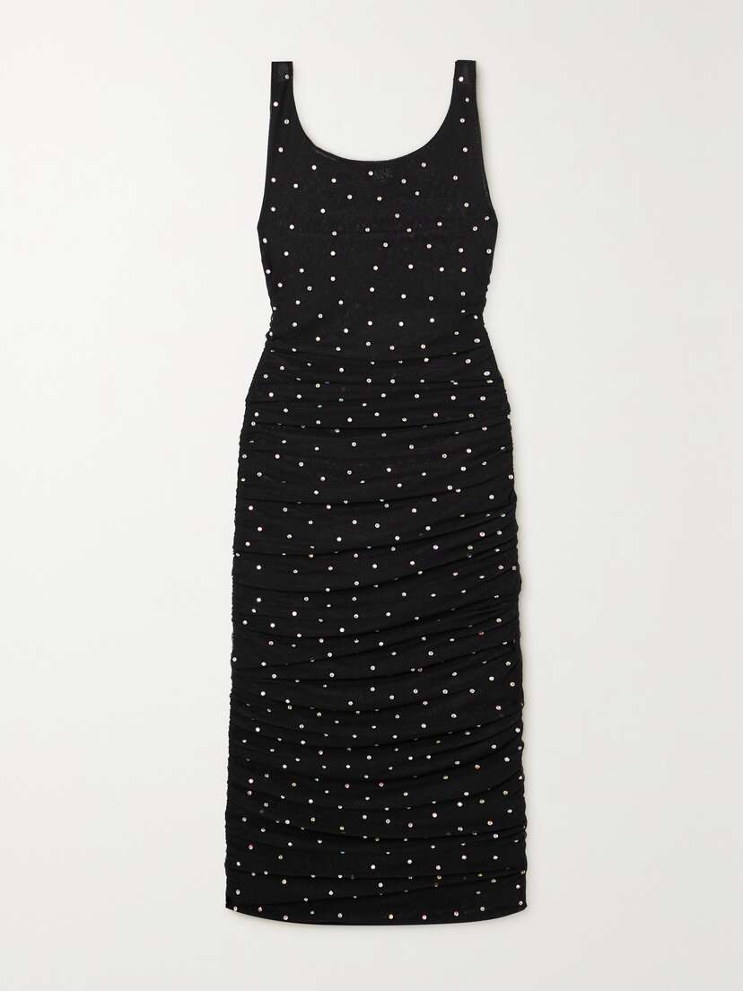 Leslie Amon Ruched Crystal-embellished Mesh Midi Dress