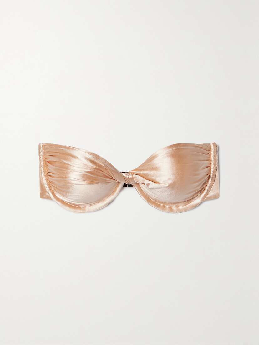Isa Boulder Twist-front Ruched Stretch-satin Underwired Bandeau Bikini Top