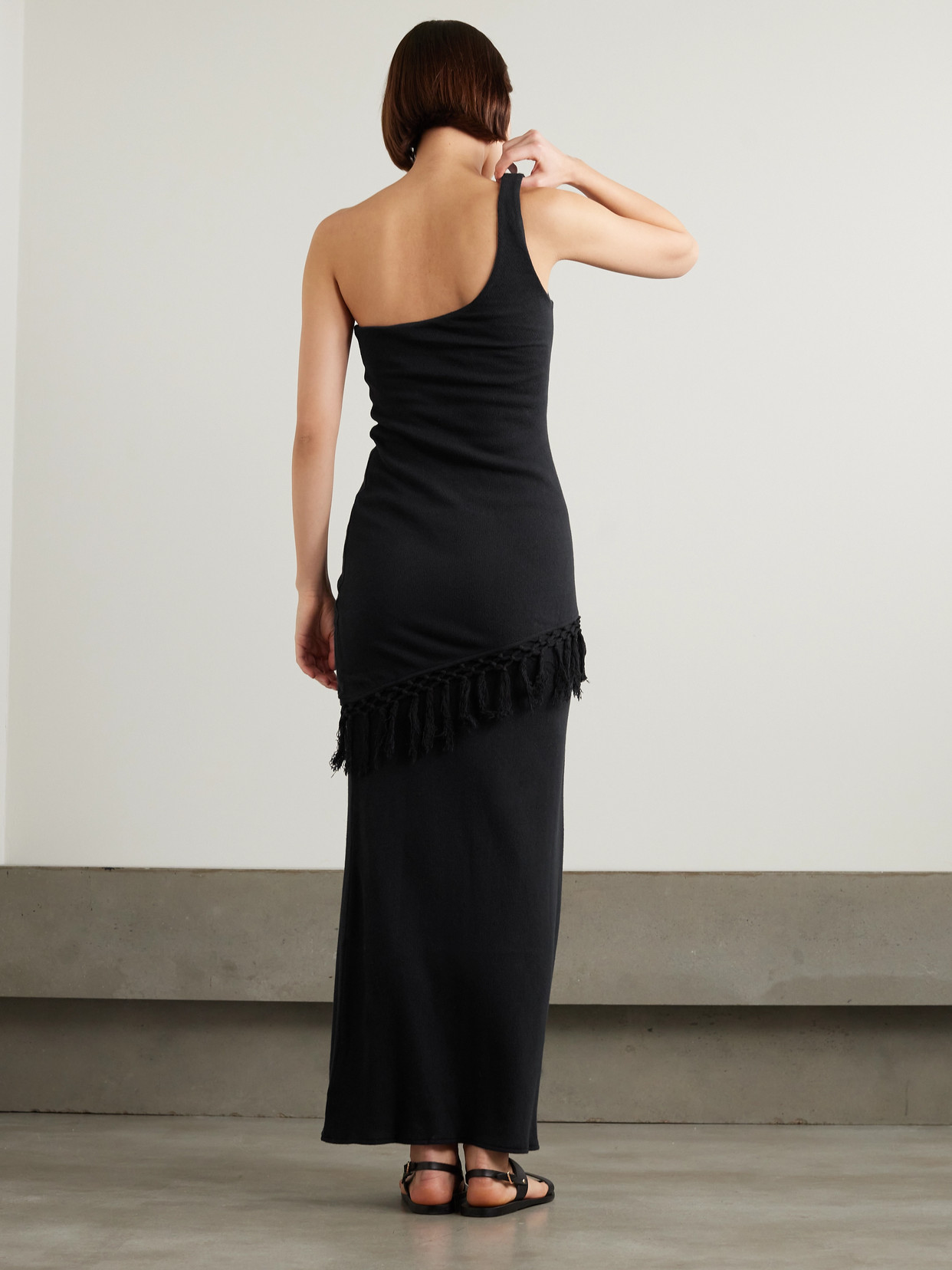 Shop Savannah Morrow The Label + Net Sustain Saanj One-shoulder Fringed Organic Cotton Maxi Dress In Black