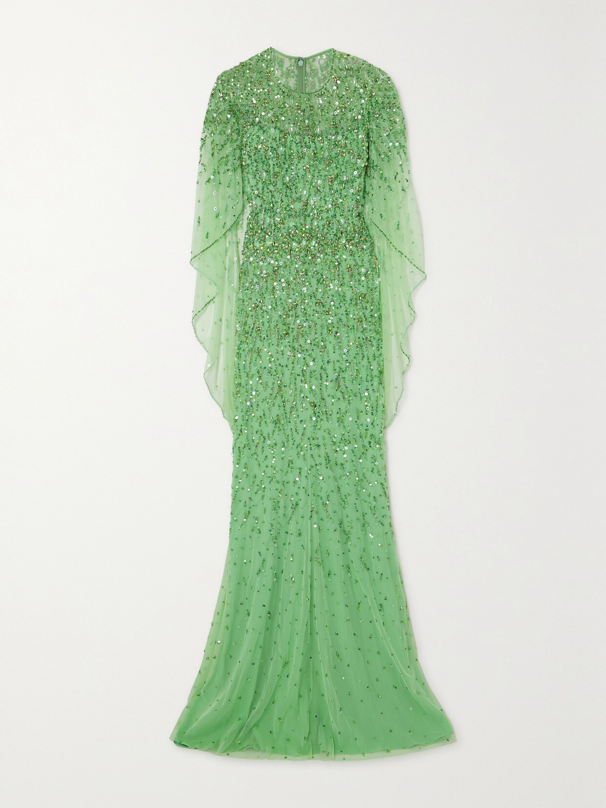 Shop Jenny Packham Delphine Cape-effect Embellished Tulle Gown In Green