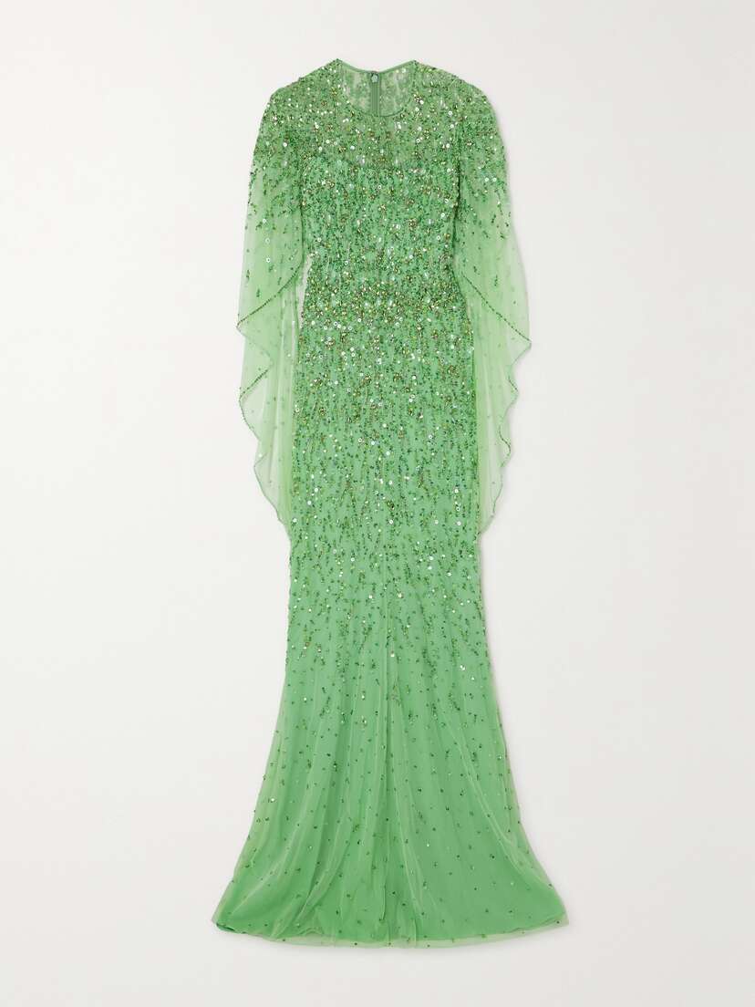 Jenny Packham Delphine Cape-effect Embellished Tulle Gown - UK 20