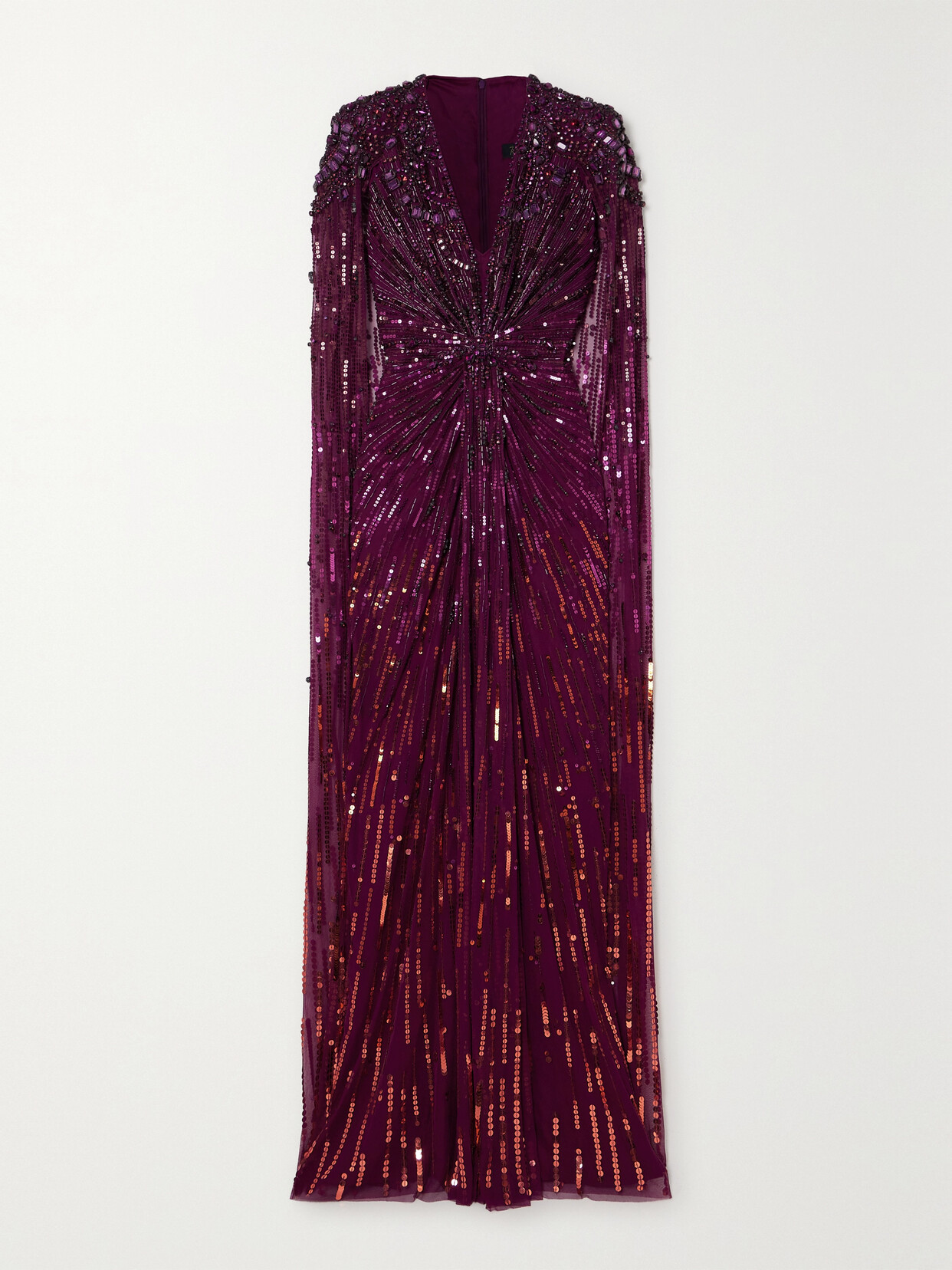 Jenny Packham Lotus Cape-effect Embellished Sequined Tulle Gown In Burgundy