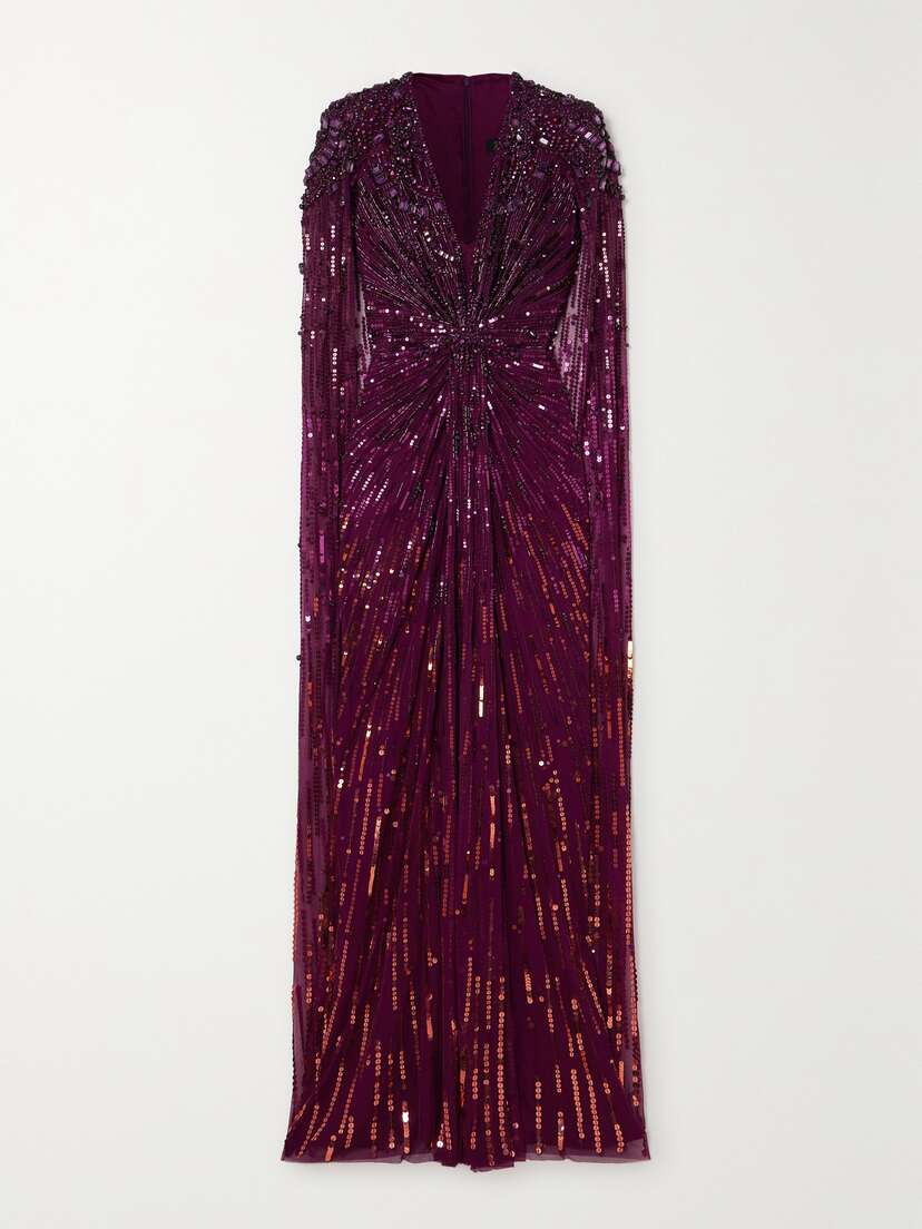 Jenny Packham Lotus Cape-effect Embellished Sequined Tulle Gown - UK 22
