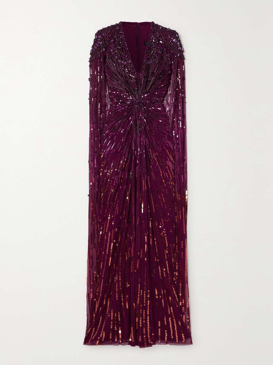 lotus cape-effect embellished sequined tulle gown