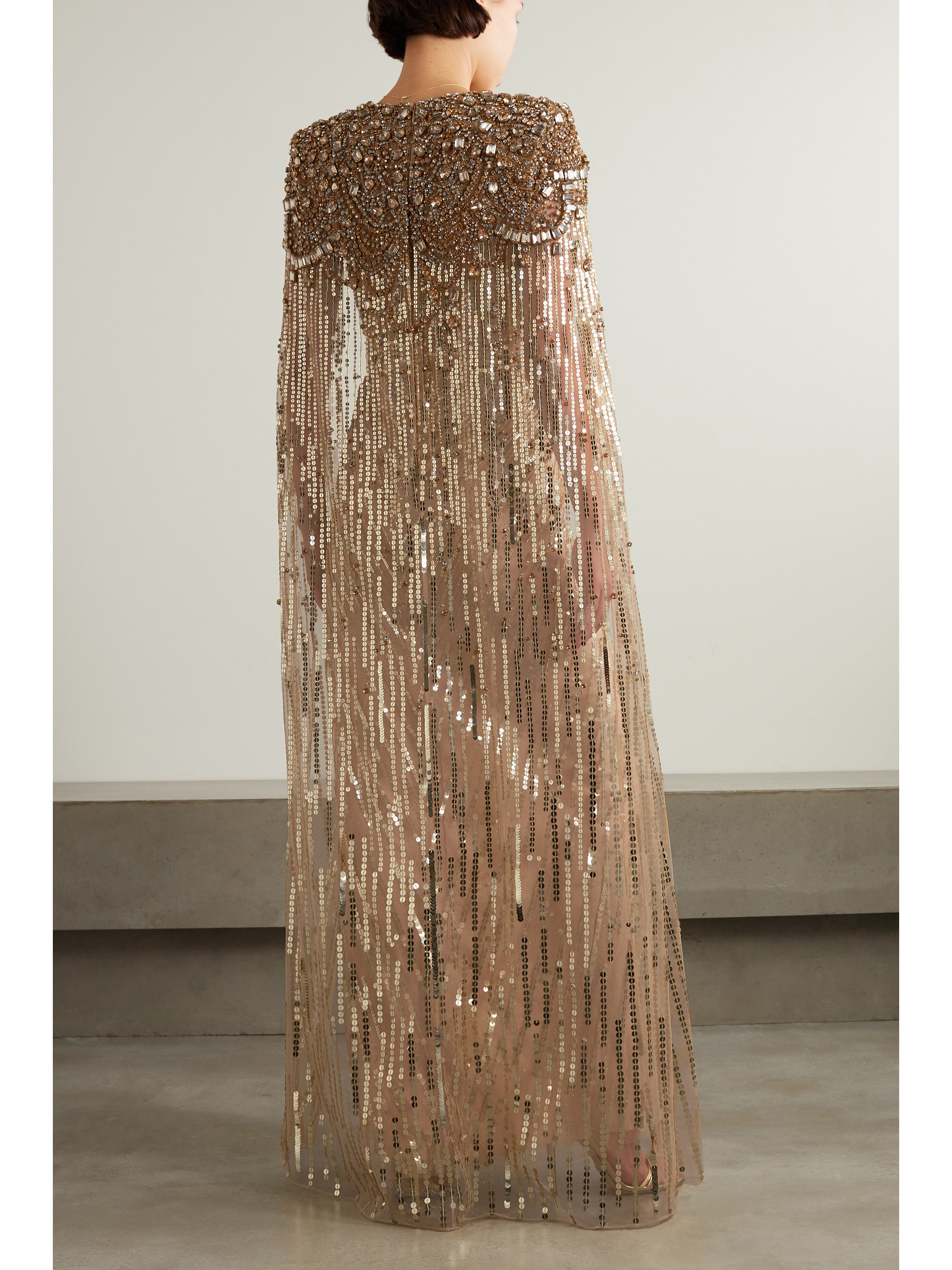 Jenny Packham Lotus cape-effect embellished sequined tulle gown thumbnail